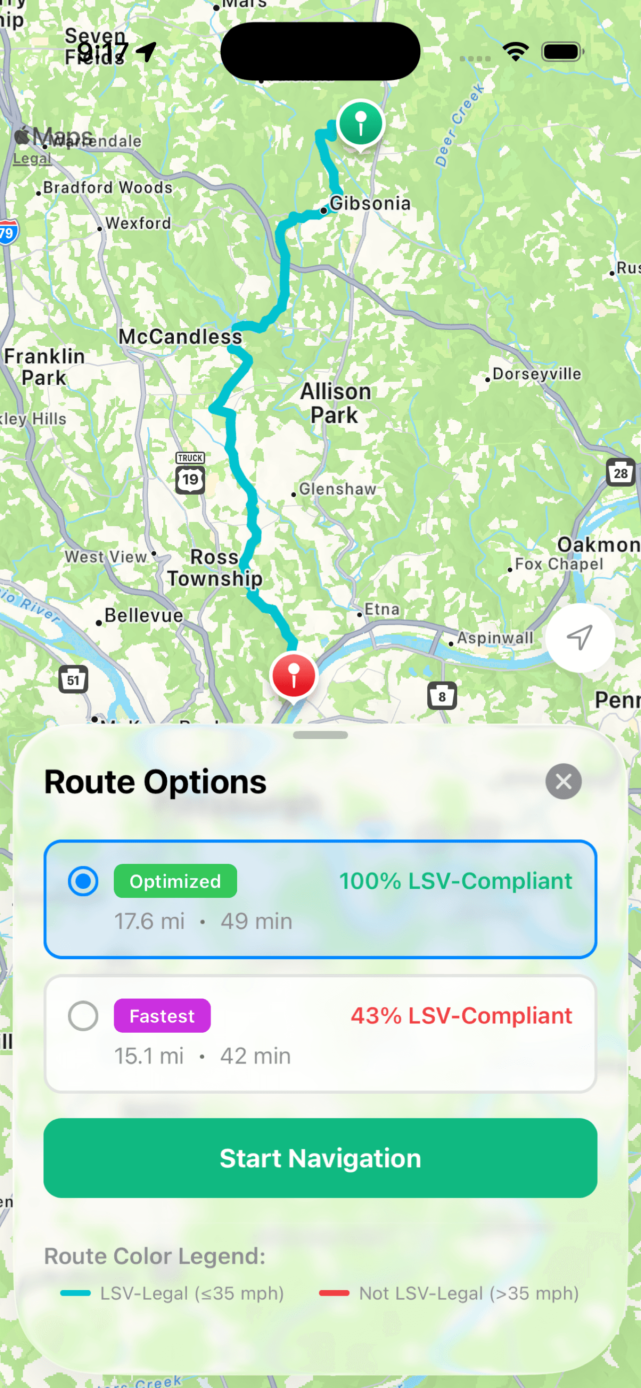 CartPath route options showing LSV-compliant routes
