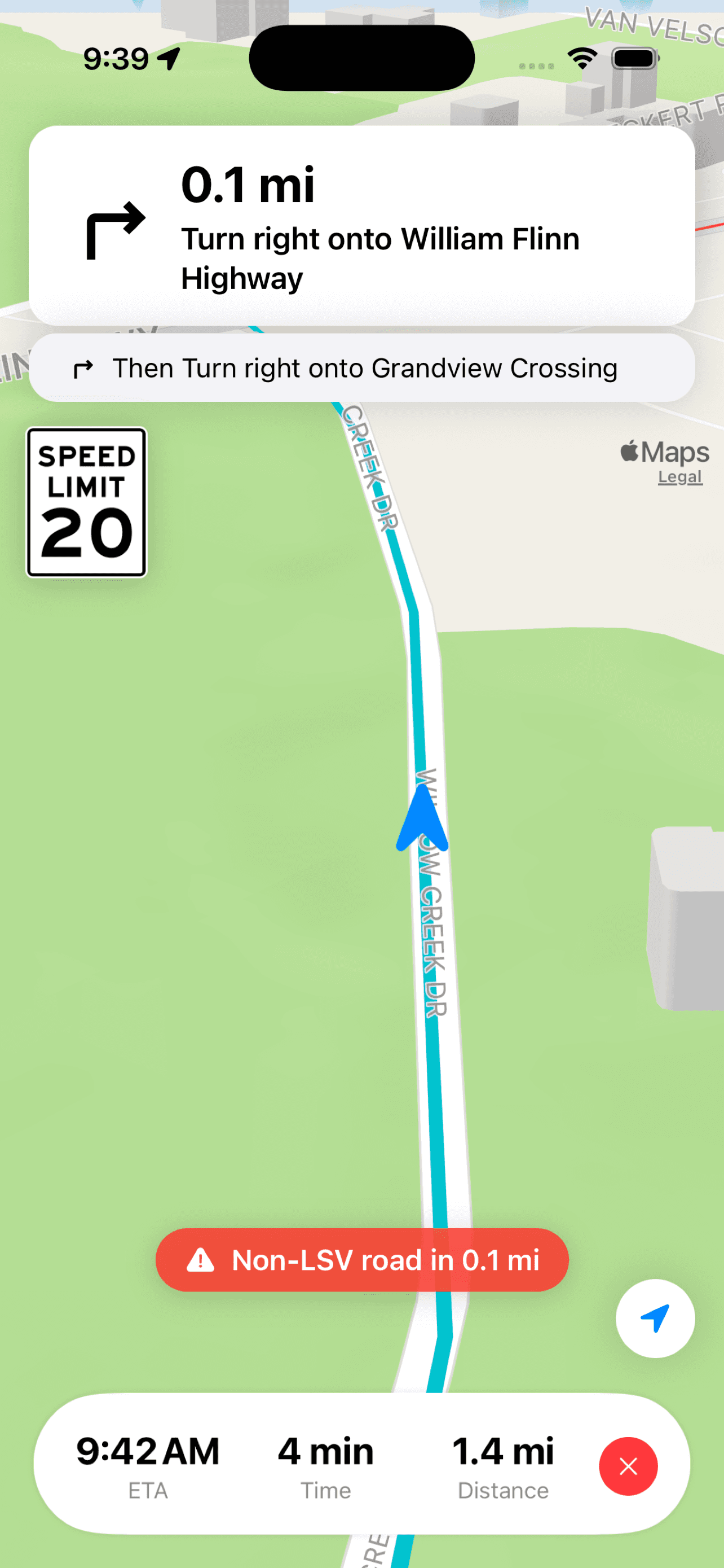CartPath turn-by-turn navigation showing the next turn and current speed limit